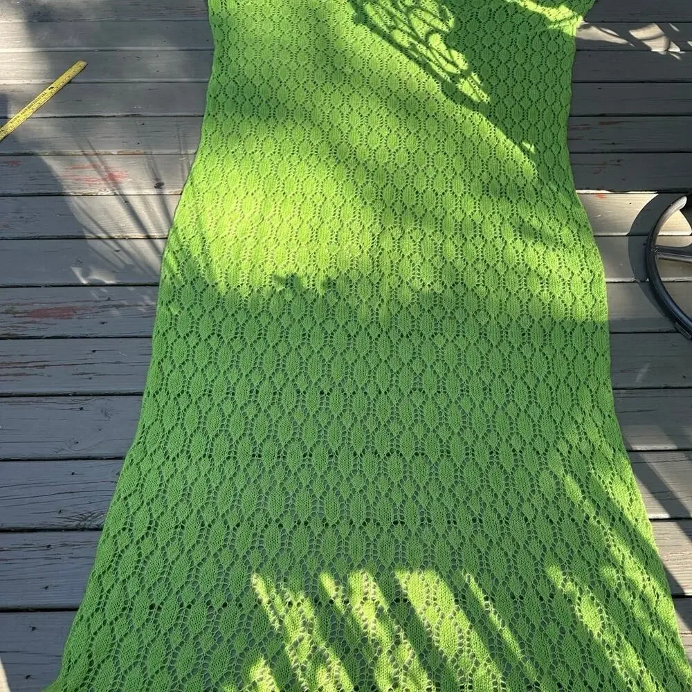Mohair Wool Crochet Blanket lime green Hand Made Diamond Knit Throw 44x90” shawl